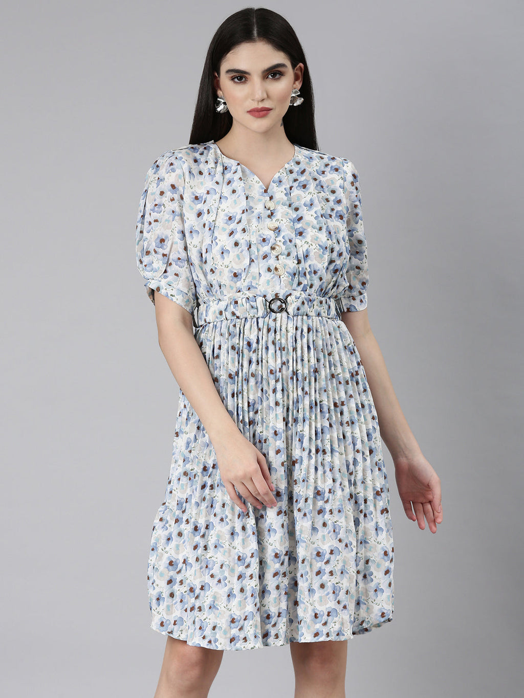 Women's Blue Floral Printed Sweetheart Neck Puff Sleeves Fit and Flare Dress