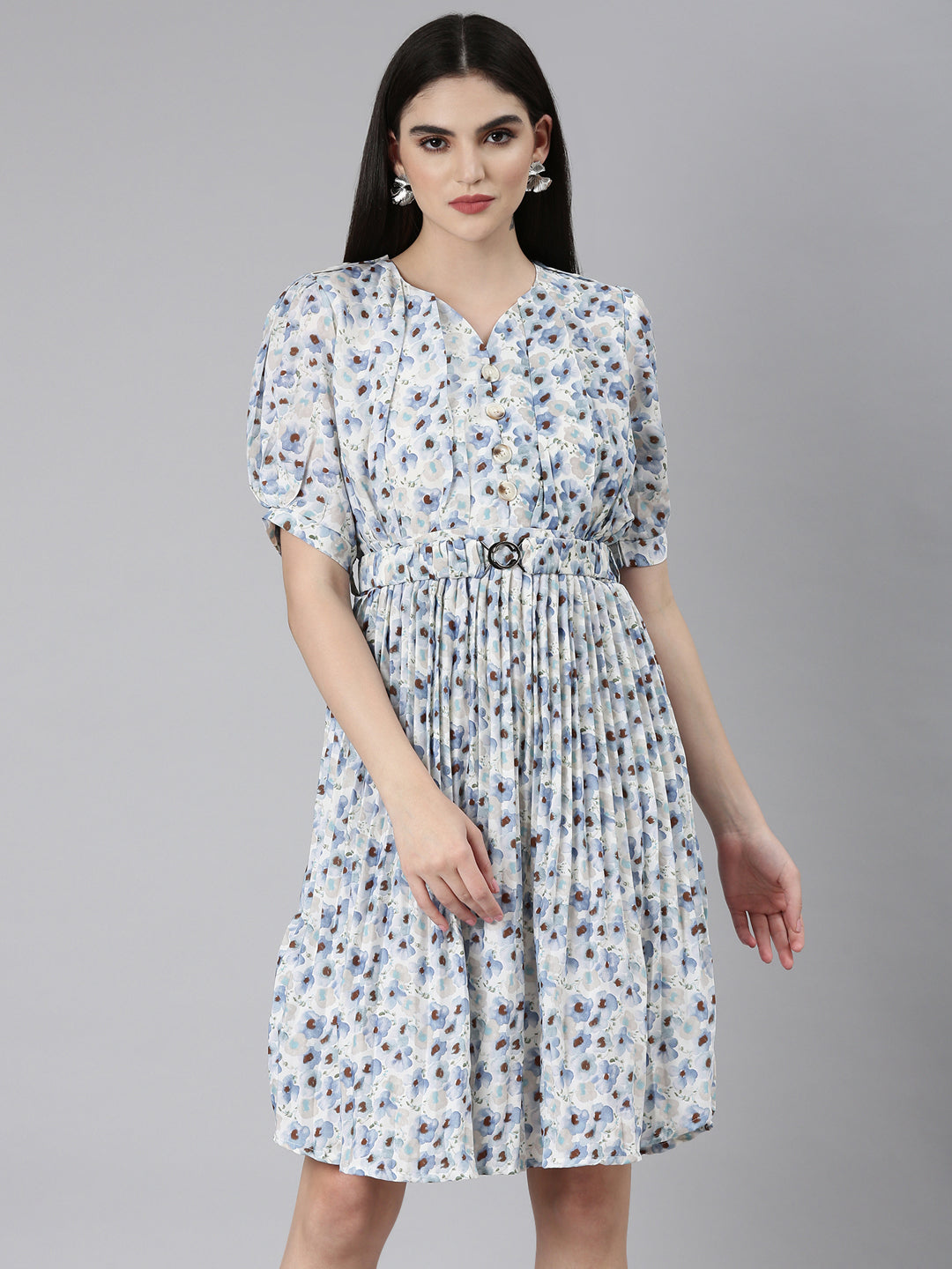 Women's Blue Floral Printed Sweetheart Neck Puff Sleeves Fit and Flare Dress