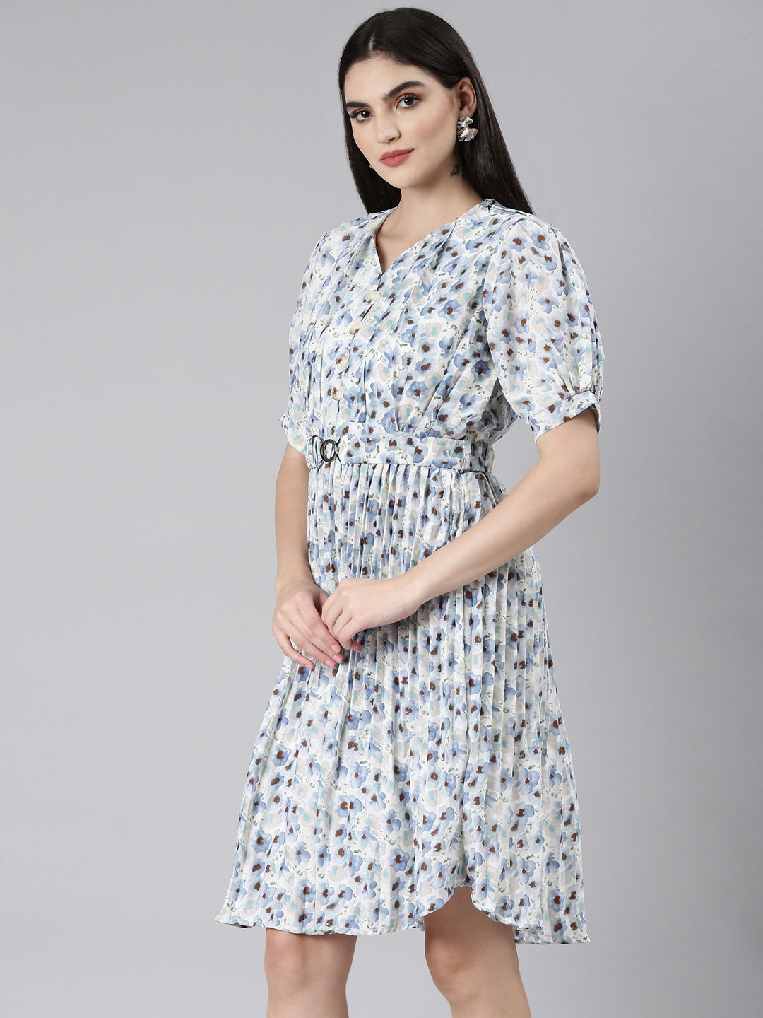 Women's Blue Floral Printed Sweetheart Neck Puff Sleeves Fit and Flare Dress