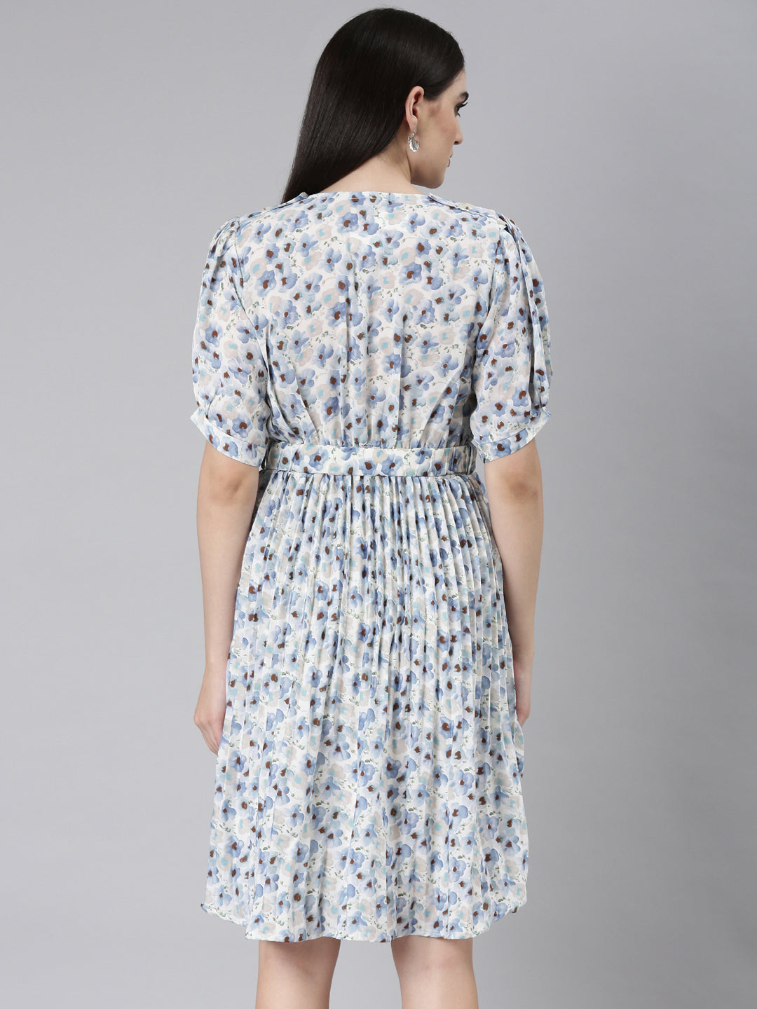 Women's Blue Floral Printed Sweetheart Neck Puff Sleeves Fit and Flare Dress