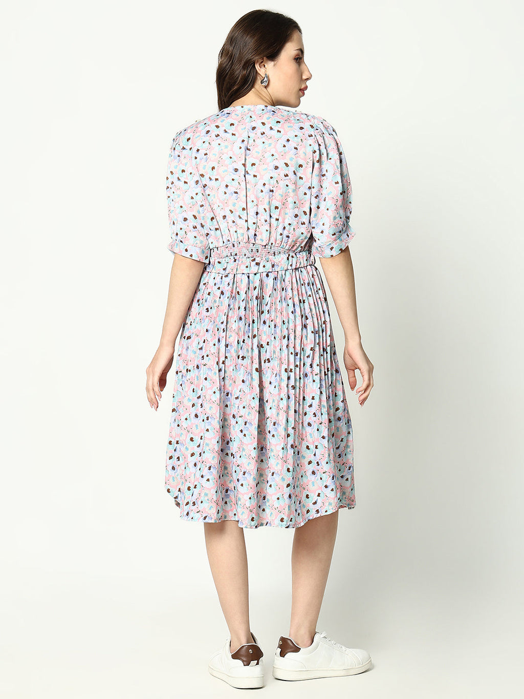 Women's Pink Floral Print Puff Sleeve Fit and Flare Dress