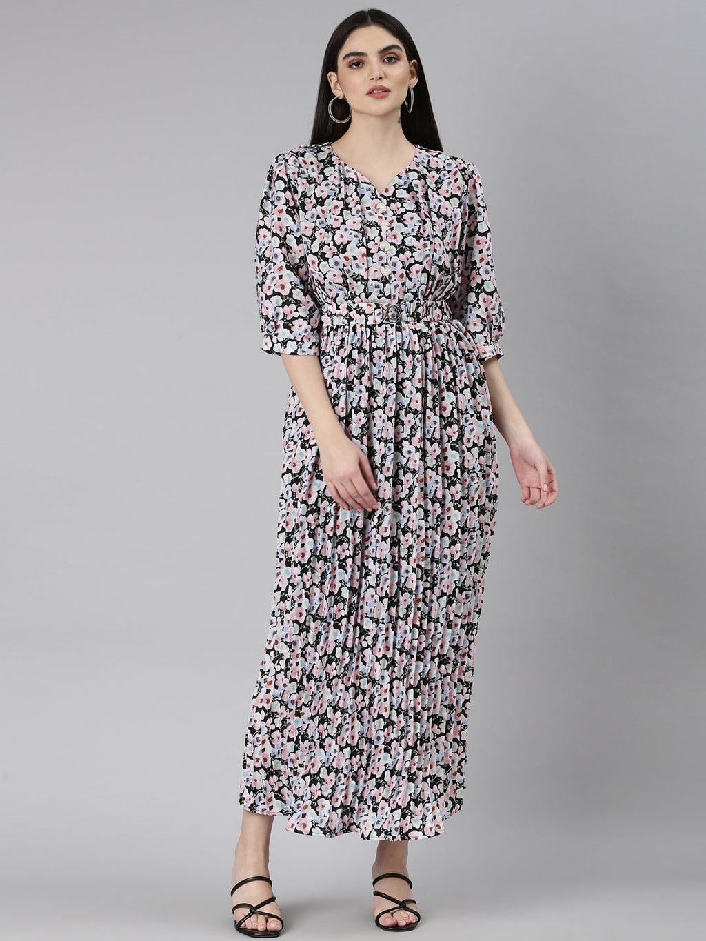 Women's Multi Floral Printed Puff Sleeve Fit & Flare Midi Dress