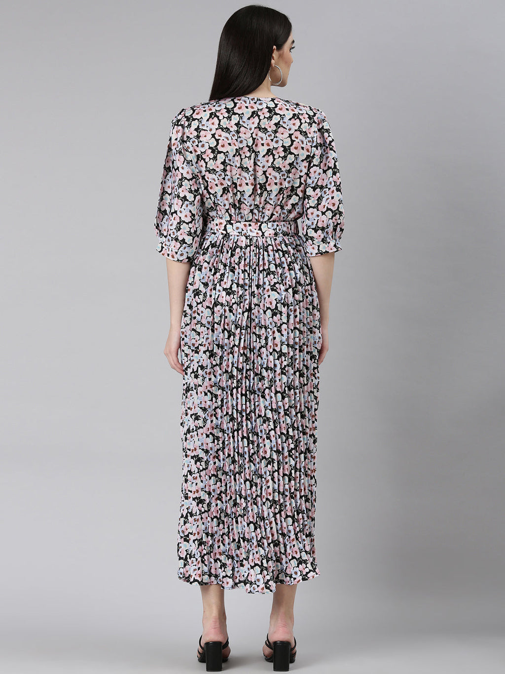 Women's Multi Floral Printed Puff Sleeve Fit & Flare Midi Dress