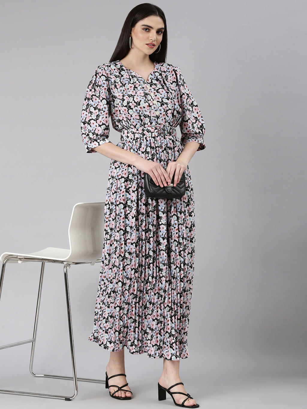 Women's Multi Floral Printed Puff Sleeve Fit & Flare Midi Dress