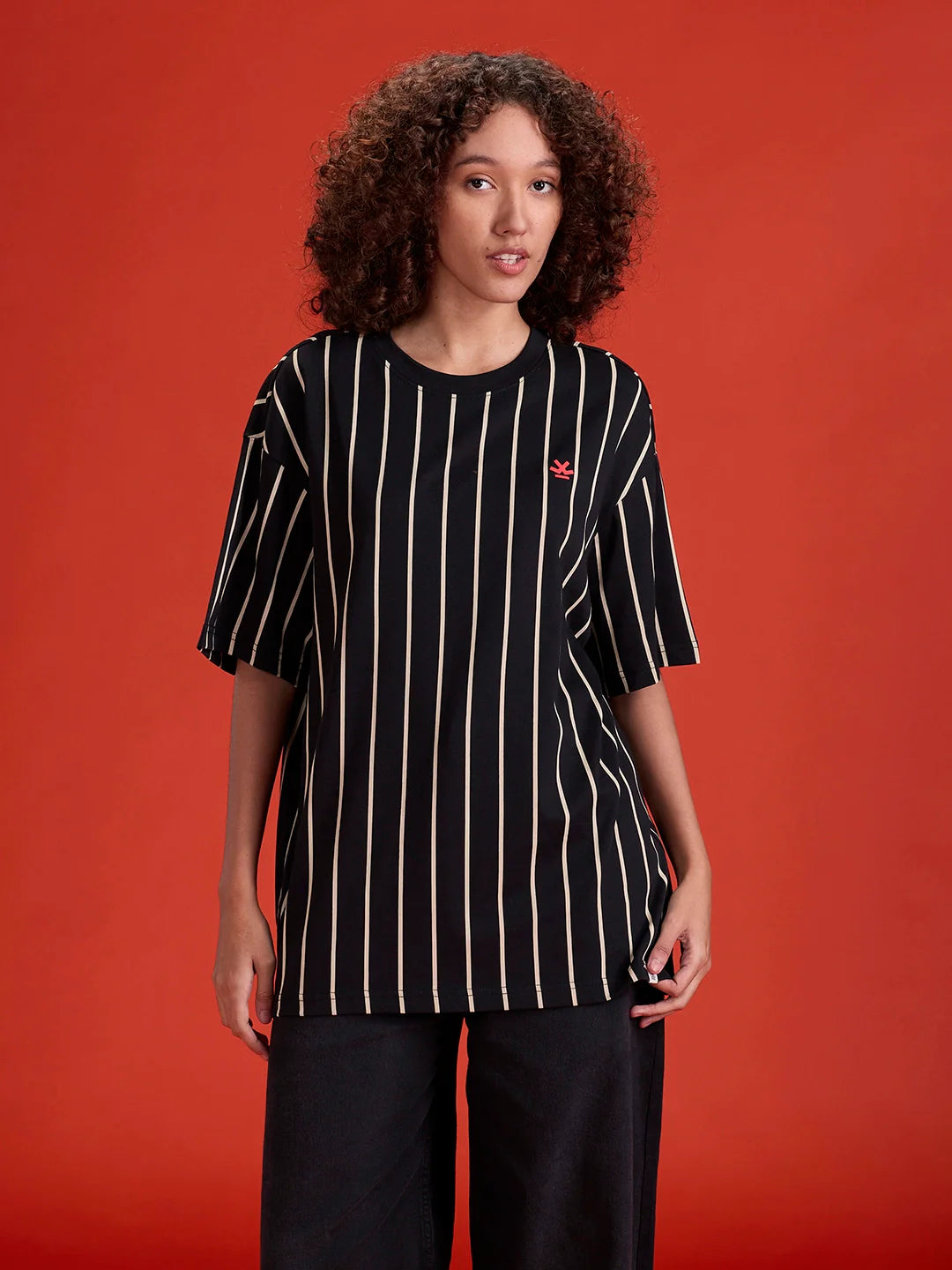 Striped Oversized Fit T-shirt With Puff Print | Black