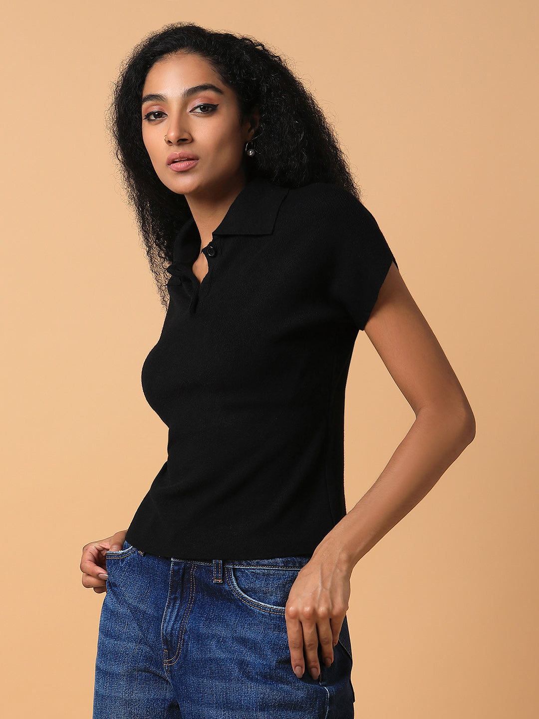 Women's Black Solid Knits Shirt Collar Acrylic Top