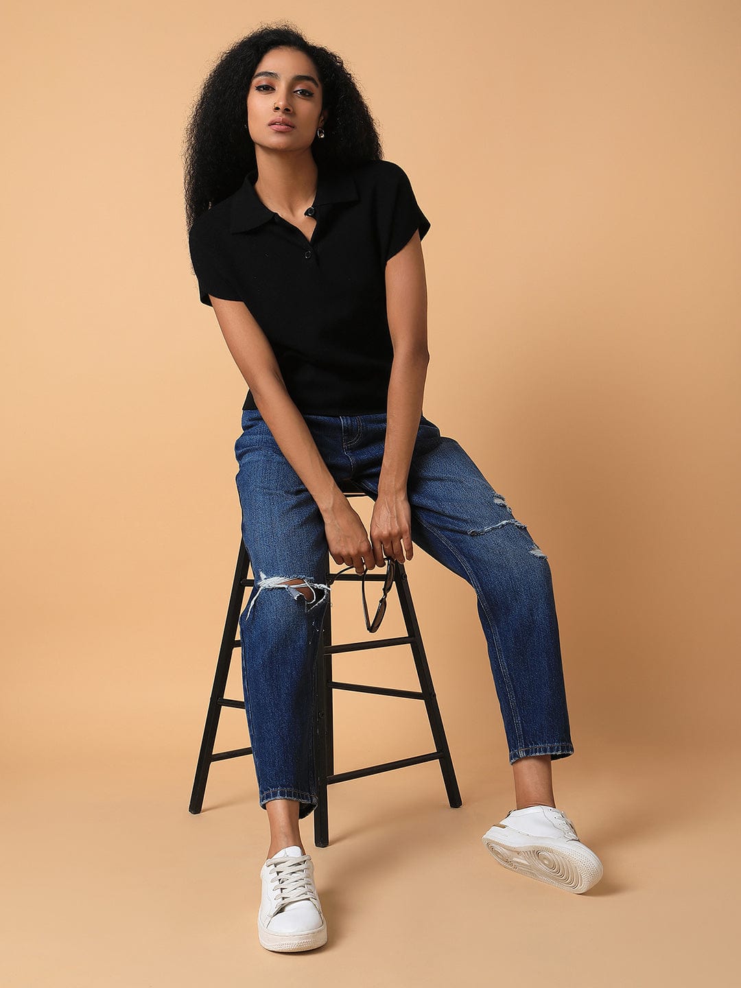 Women's Black Solid Knits Shirt Collar Acrylic Top