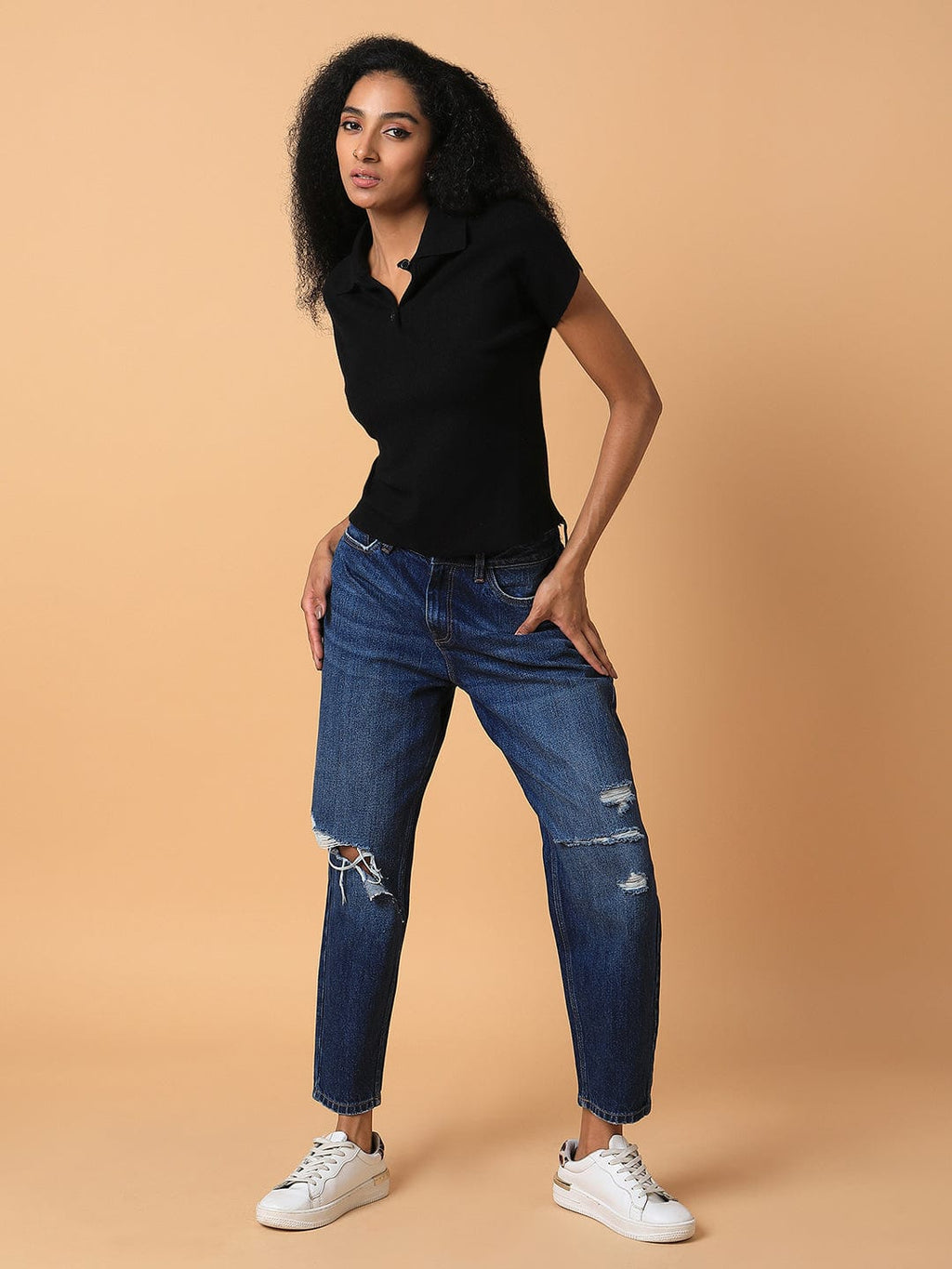 Women's Black Solid Knits Shirt Collar Acrylic Top