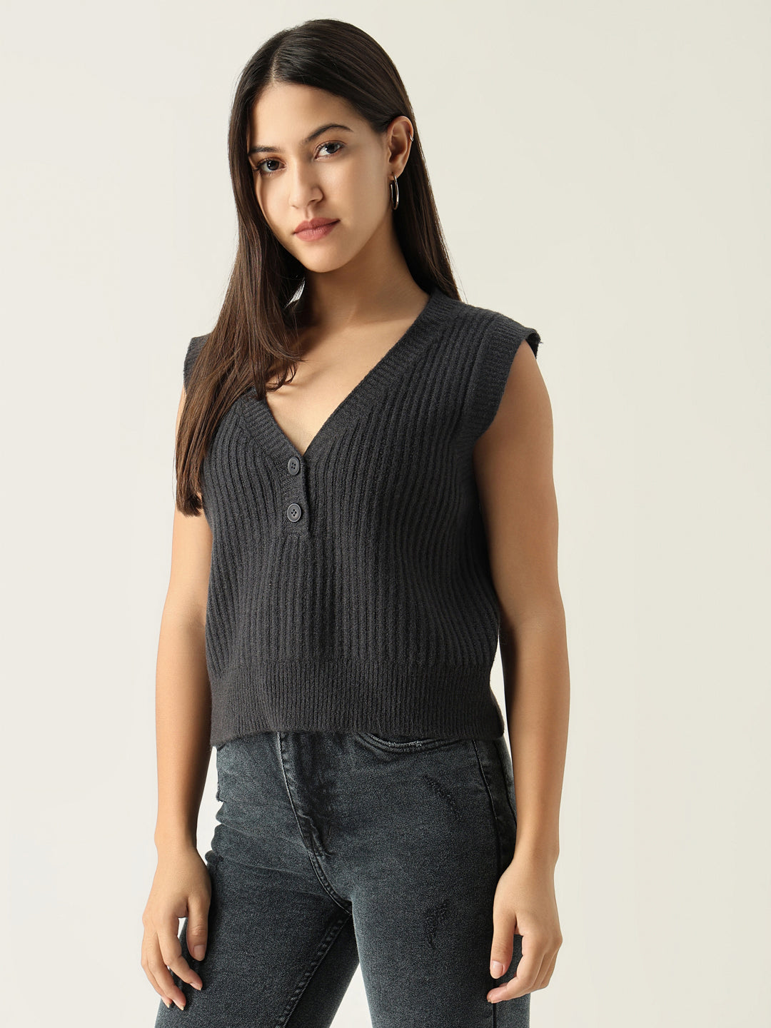 Women's Charcoal Self Design V-Neck Acrylic Top