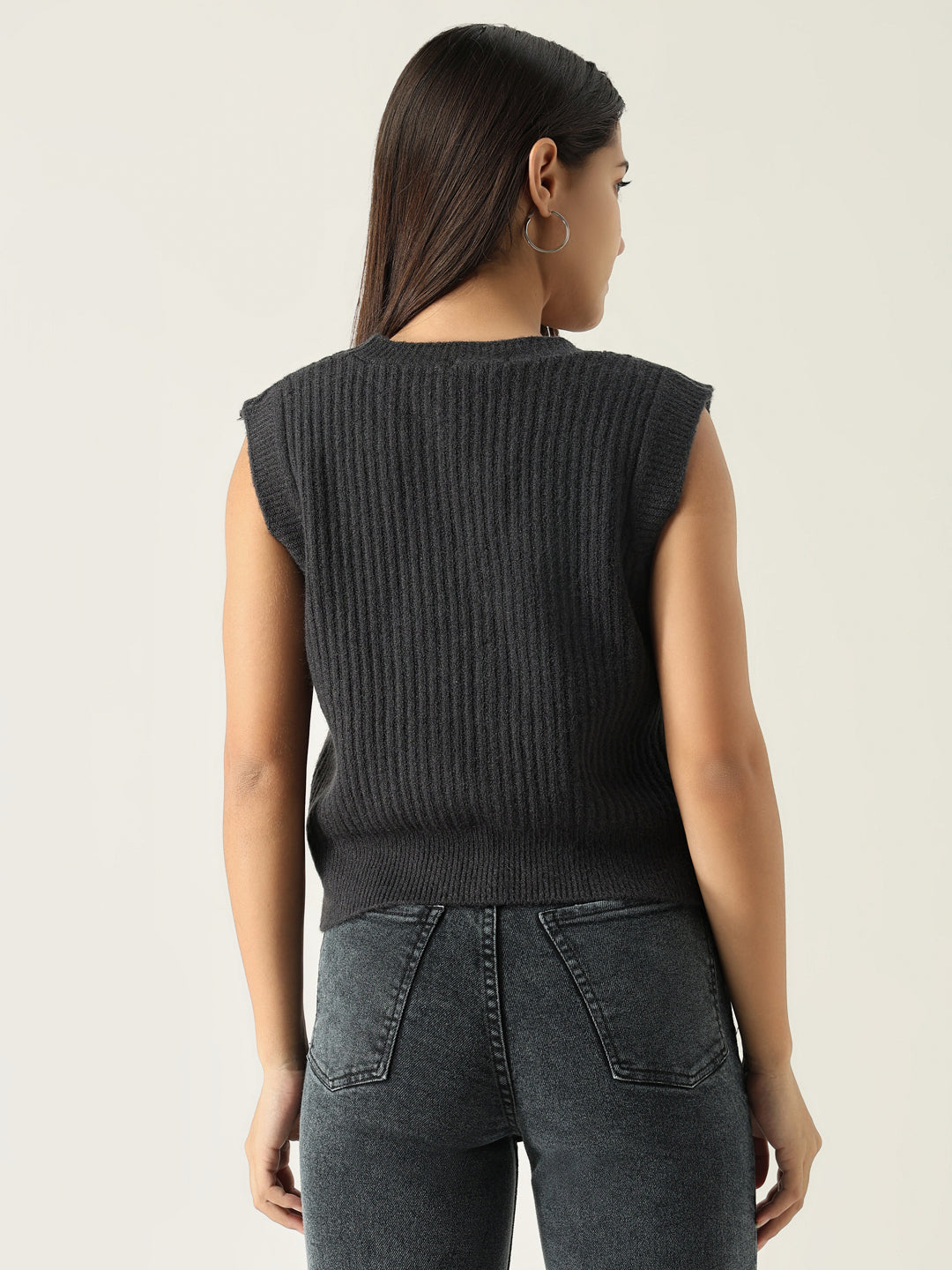 Women's Charcoal Self Design V-Neck Acrylic Top