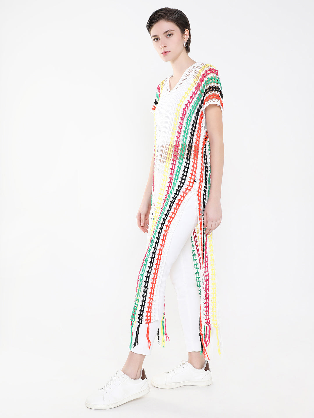 Women's V-Neck White Striped Sheer Longline Top