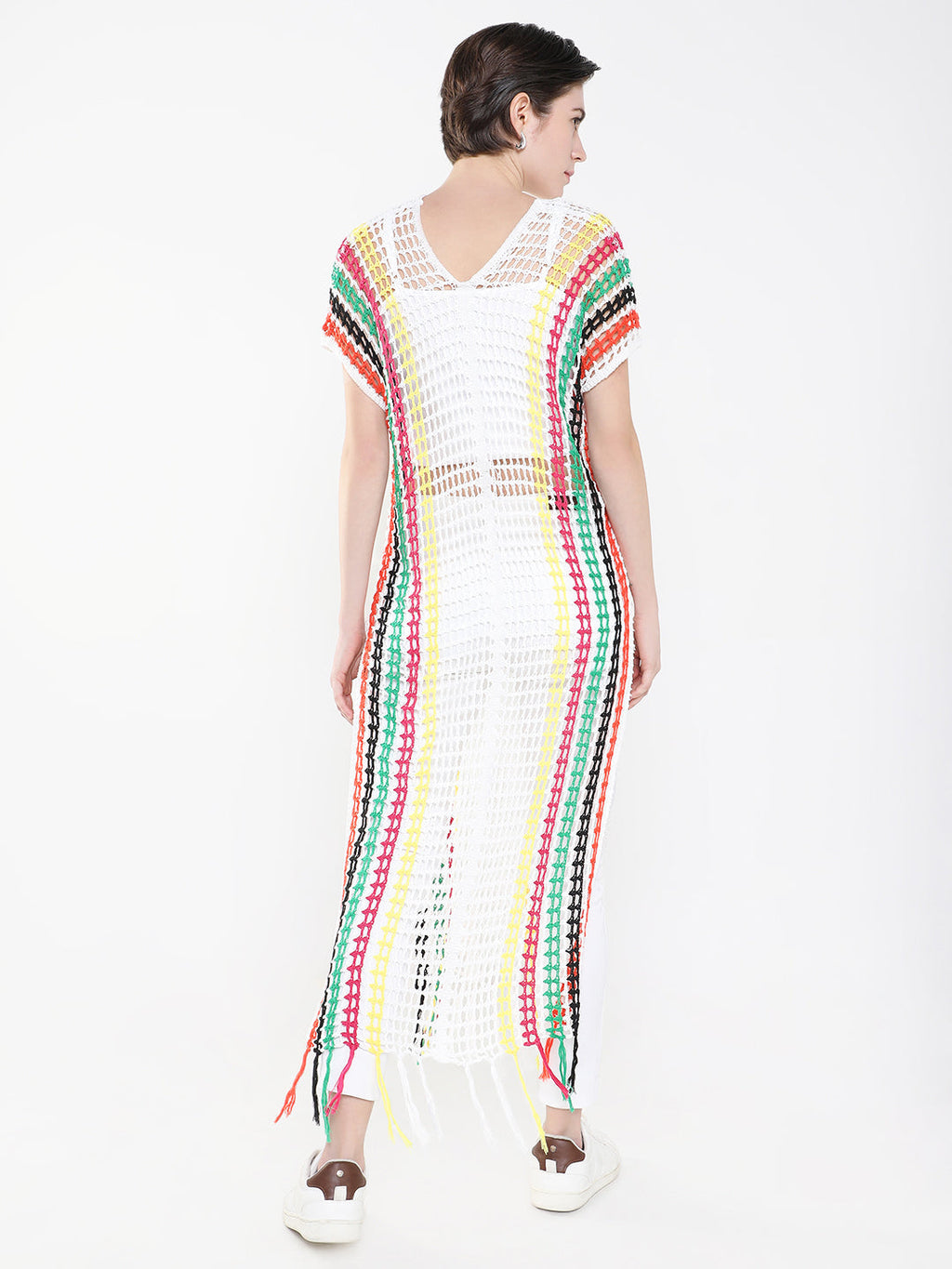 Women's V-Neck White Striped Sheer Longline Top