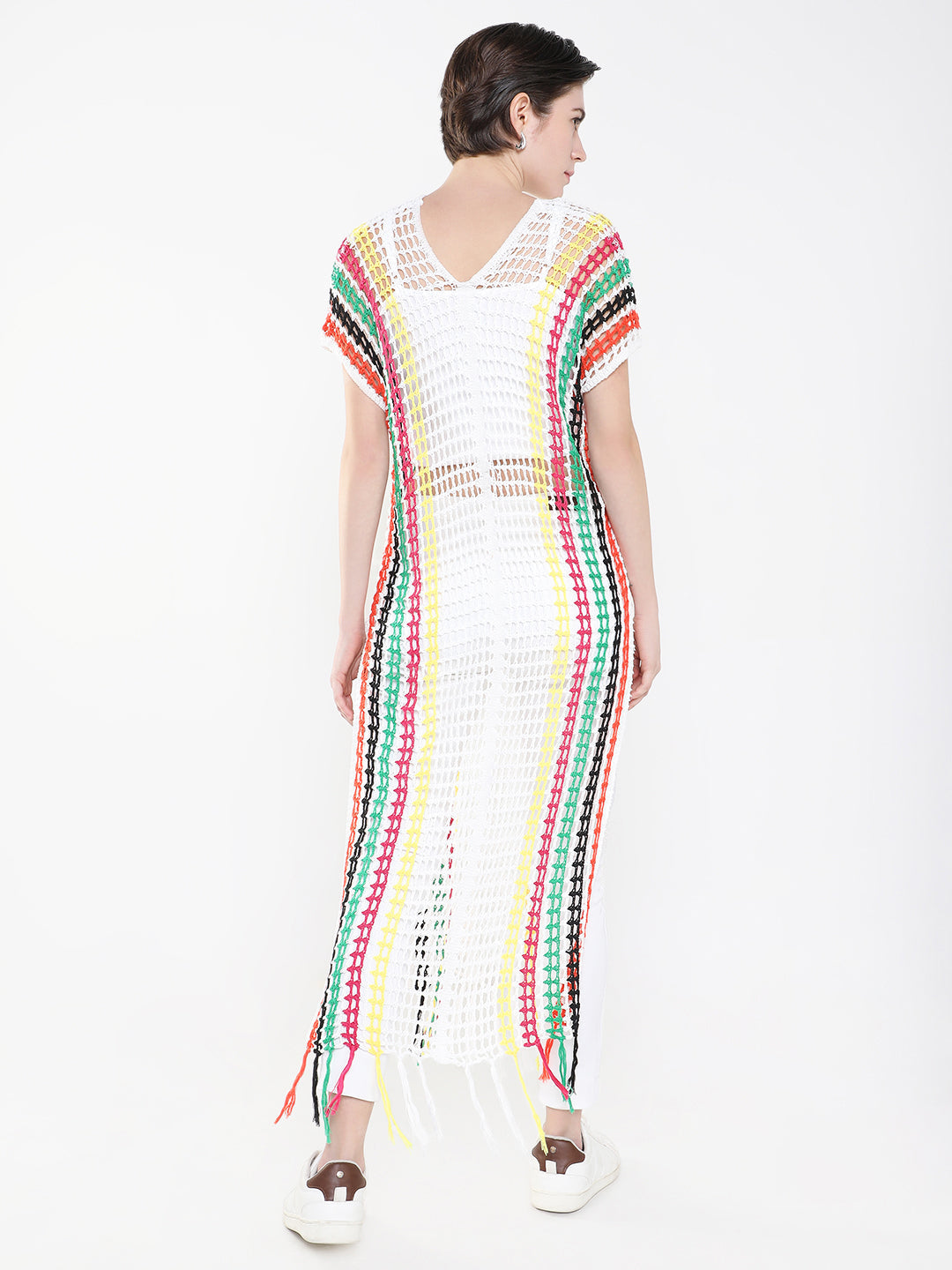Women's V-Neck White Striped Sheer Longline Top