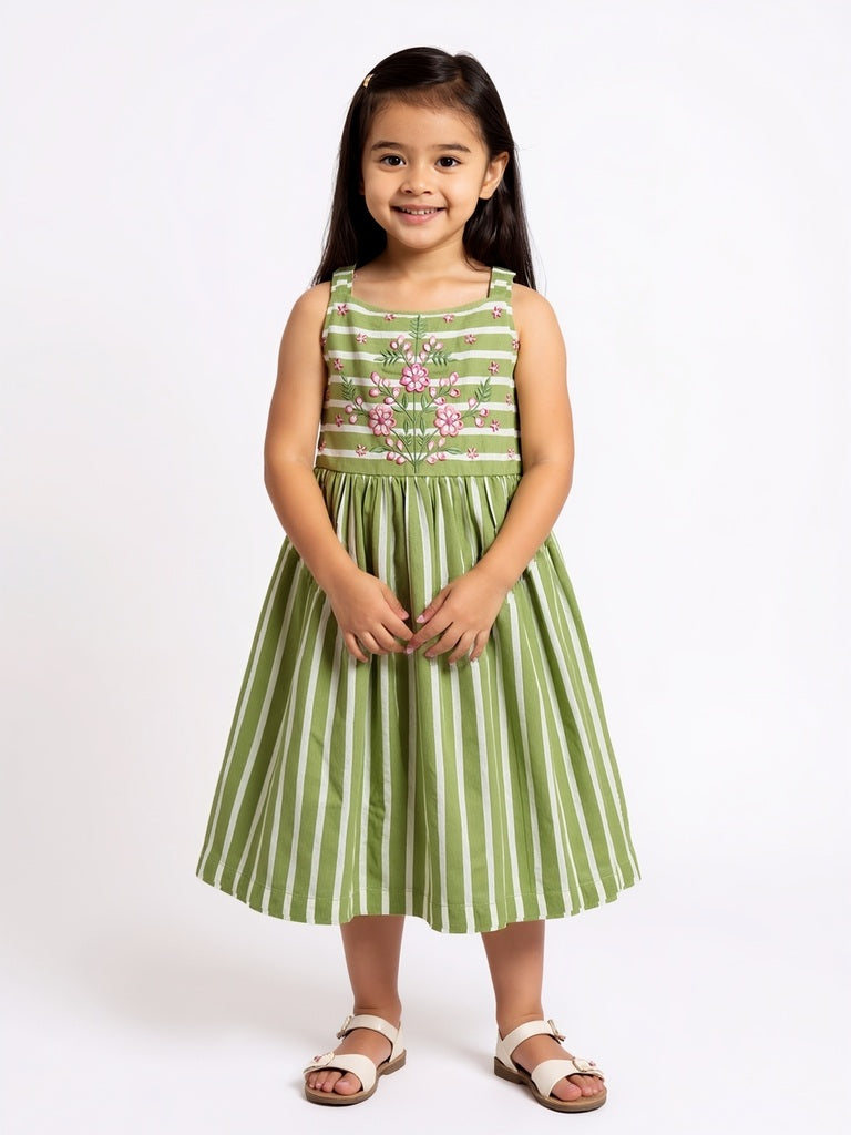 Utsa Kids Green Stripe Printed Cotton A-Line Dress - (2-8yrs)