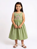 Utsa Kids Green Stripe Printed Cotton A-Line Dress - (2-8yrs)