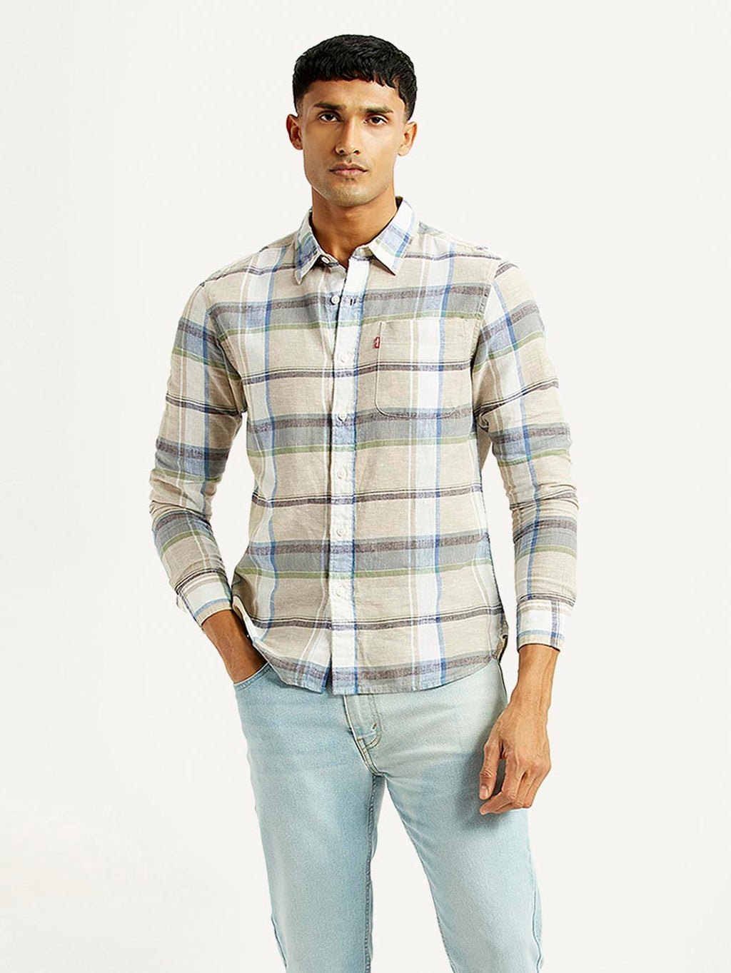 Men's Plaid Slim Fit Linen Shirt