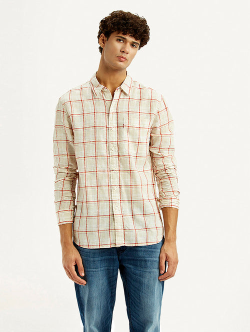 Men's Checkered Light Pink Slim Fit Linen Shirt
