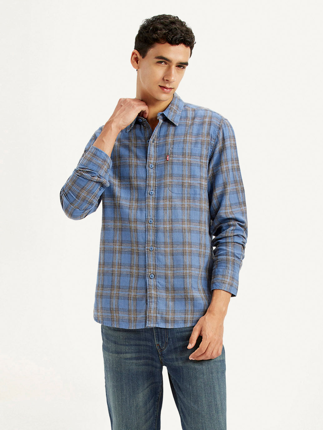 Men's Checkered Blue Slim Fit Linen Shirt
