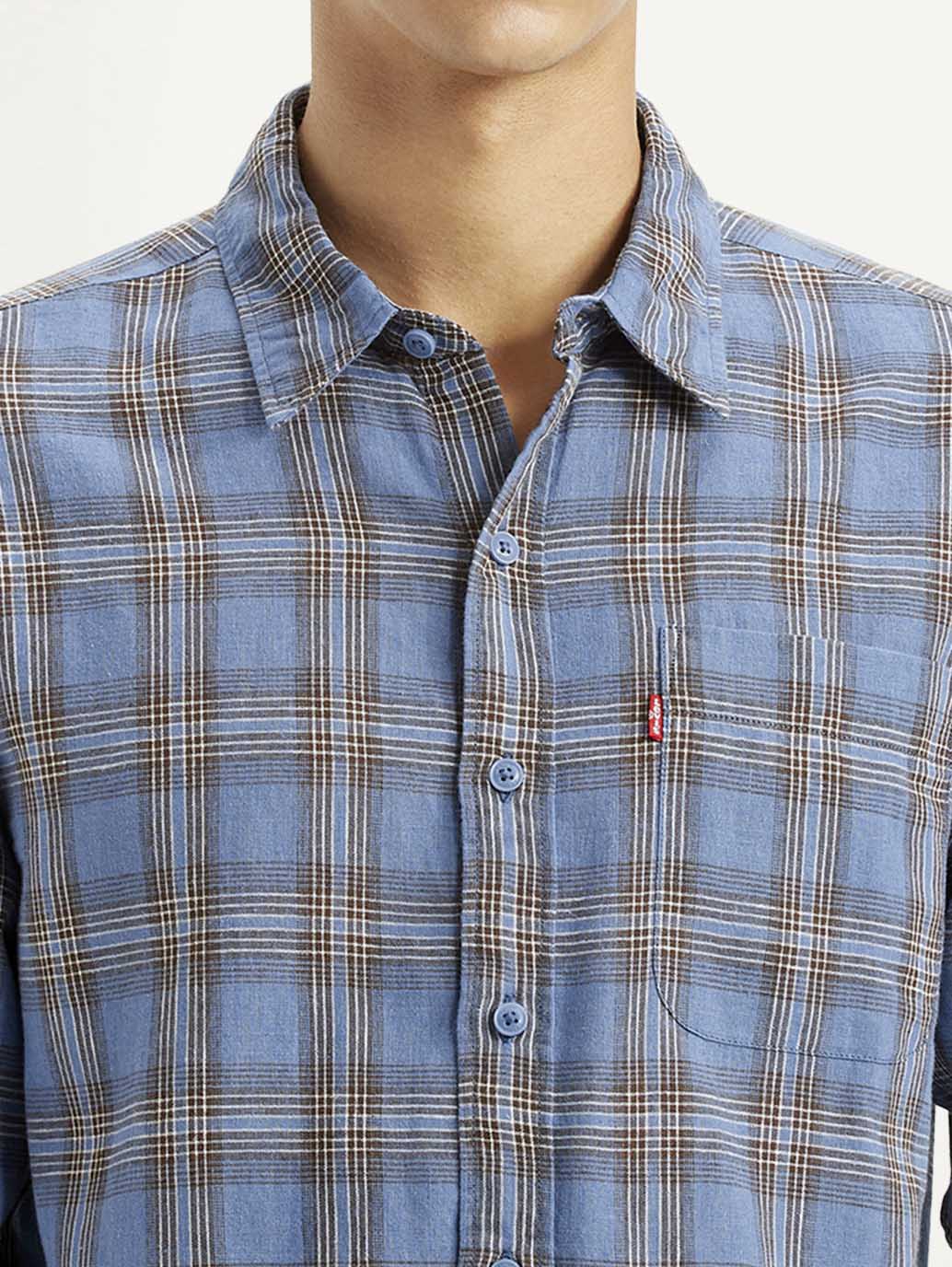 Men's Checkered Blue Slim Fit Linen Shirt