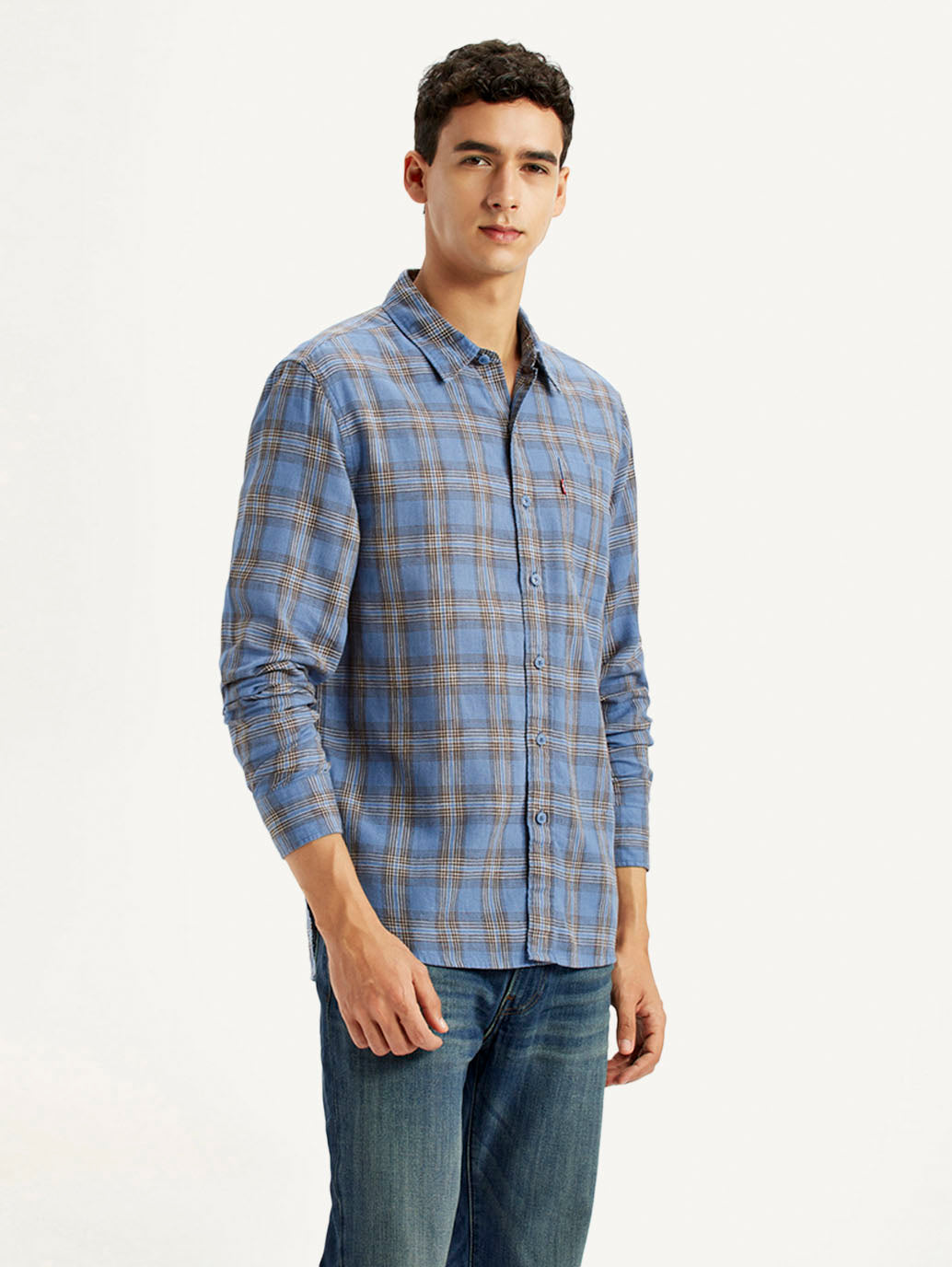Men's Checkered Blue Slim Fit Linen Shirt