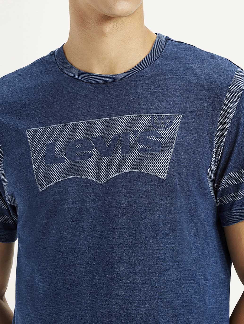 Men's Brand Logo Dark Blue Slim Fit Seamless T-shirt