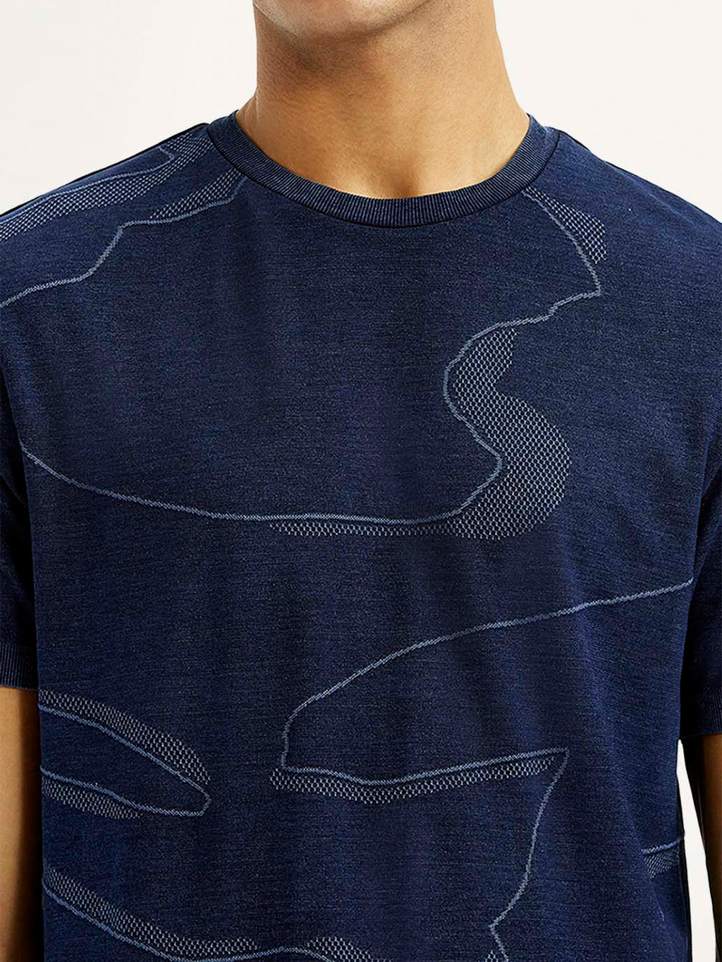 Men's Abstract Navy Blue Slim Fit Seamless T-shirt