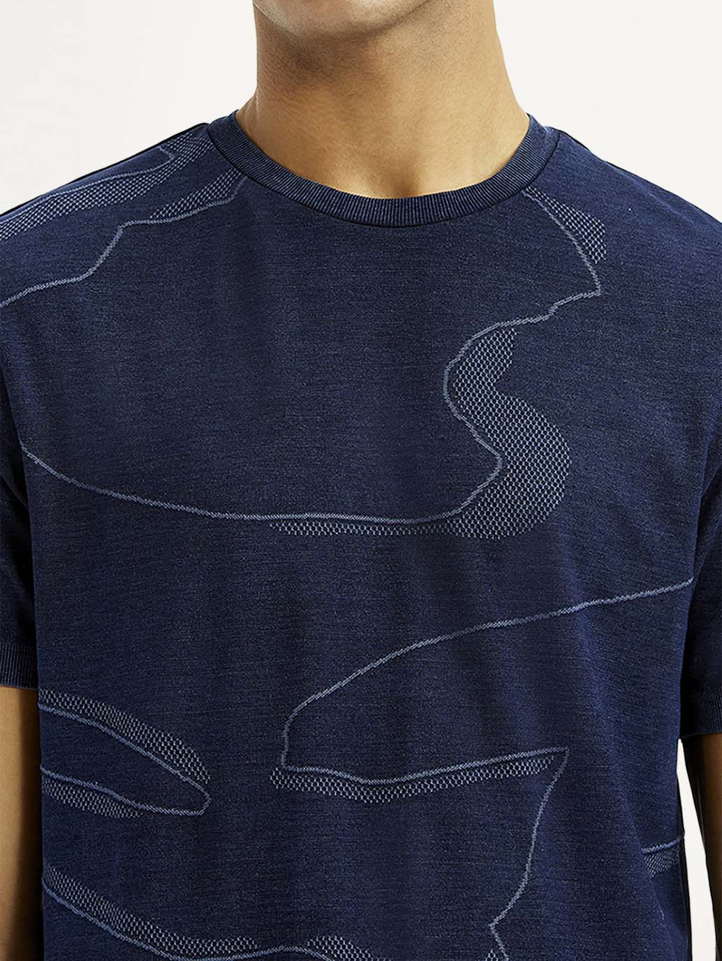 Men's Abstract Navy Blue Slim Fit Seamless T-shirt