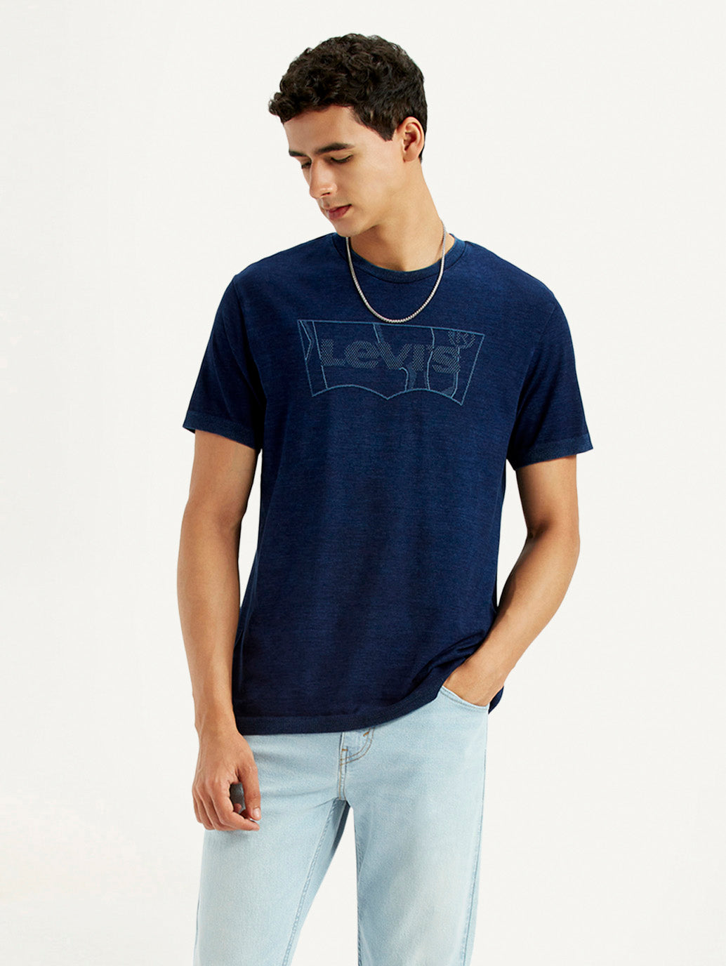 Men's Brand Logo Dark Blue Slim Fit Seamless T-shirt