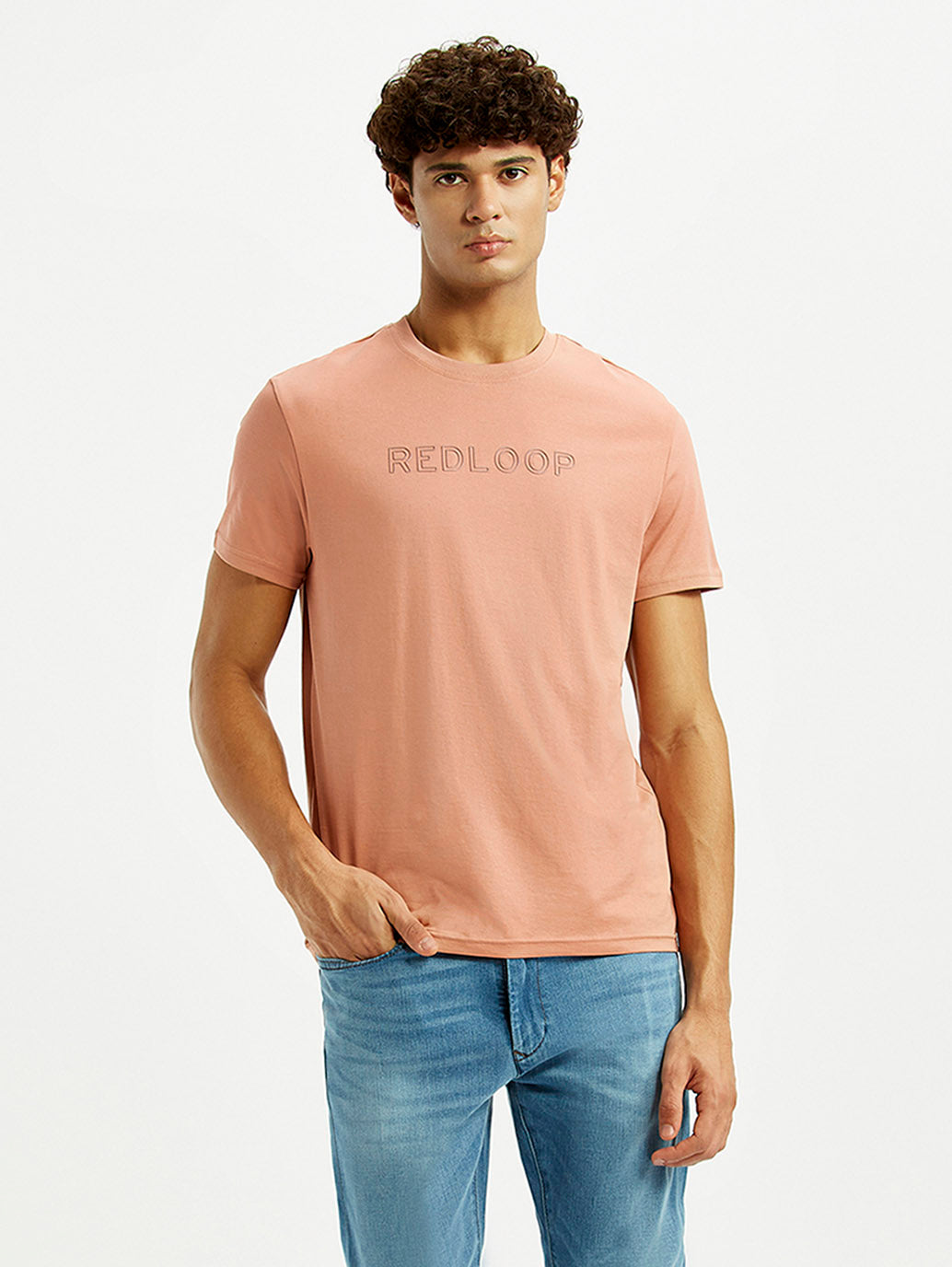 Men's Redloop Typography Peach Slim Fit T-shirt