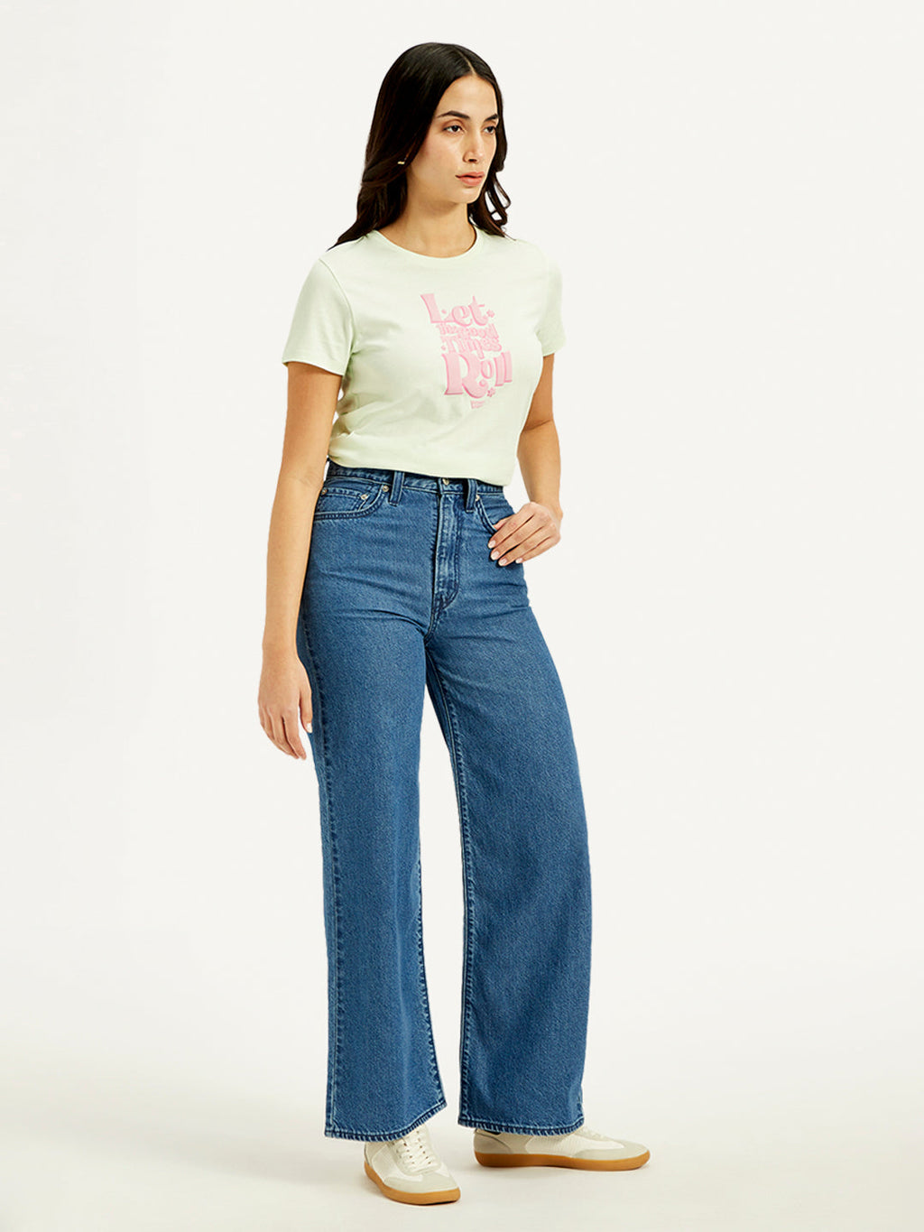 Women's Blue Ribcage Bell Bottom Wide Leg Fit High Rise Jeans