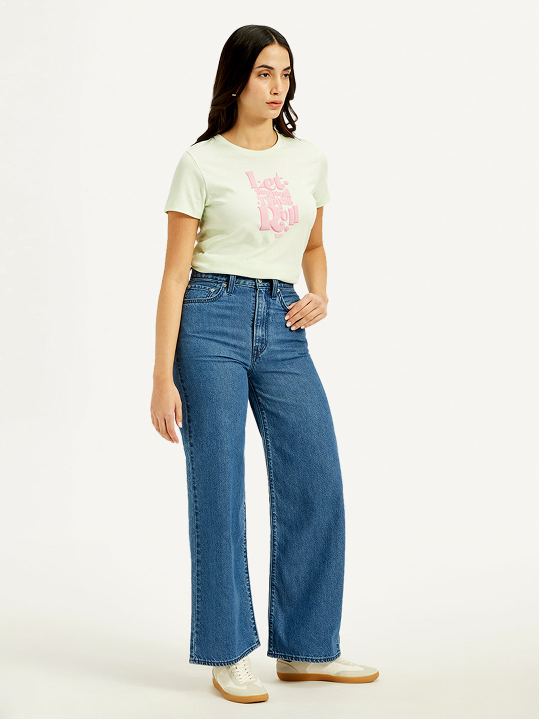 Women's Blue Ribcage Bell Bottom Wide Leg Fit High Rise Jeans