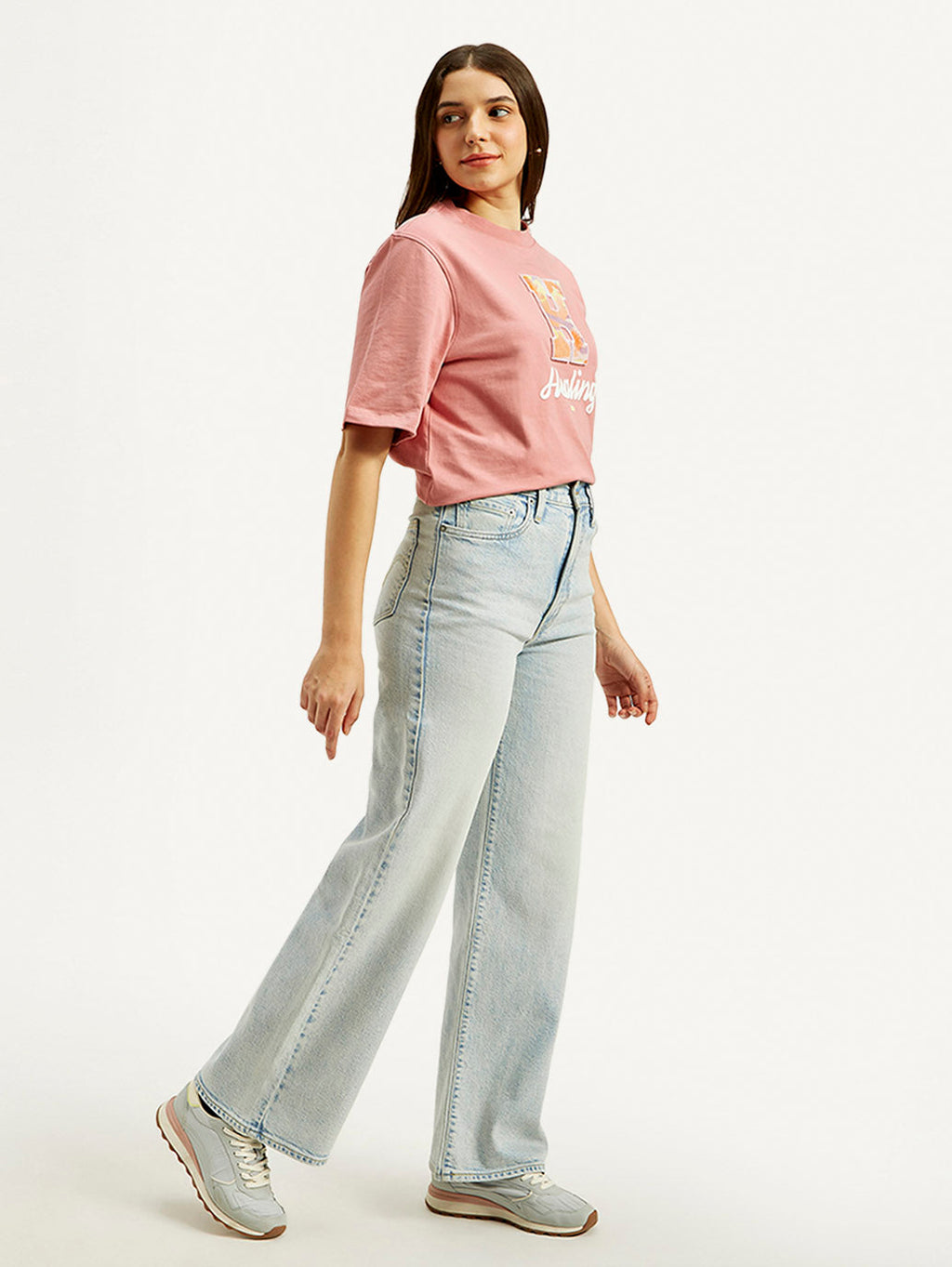 Women's Light Blue Ribcage Bell Bottom Wide Leg Fit High Rise Jeans