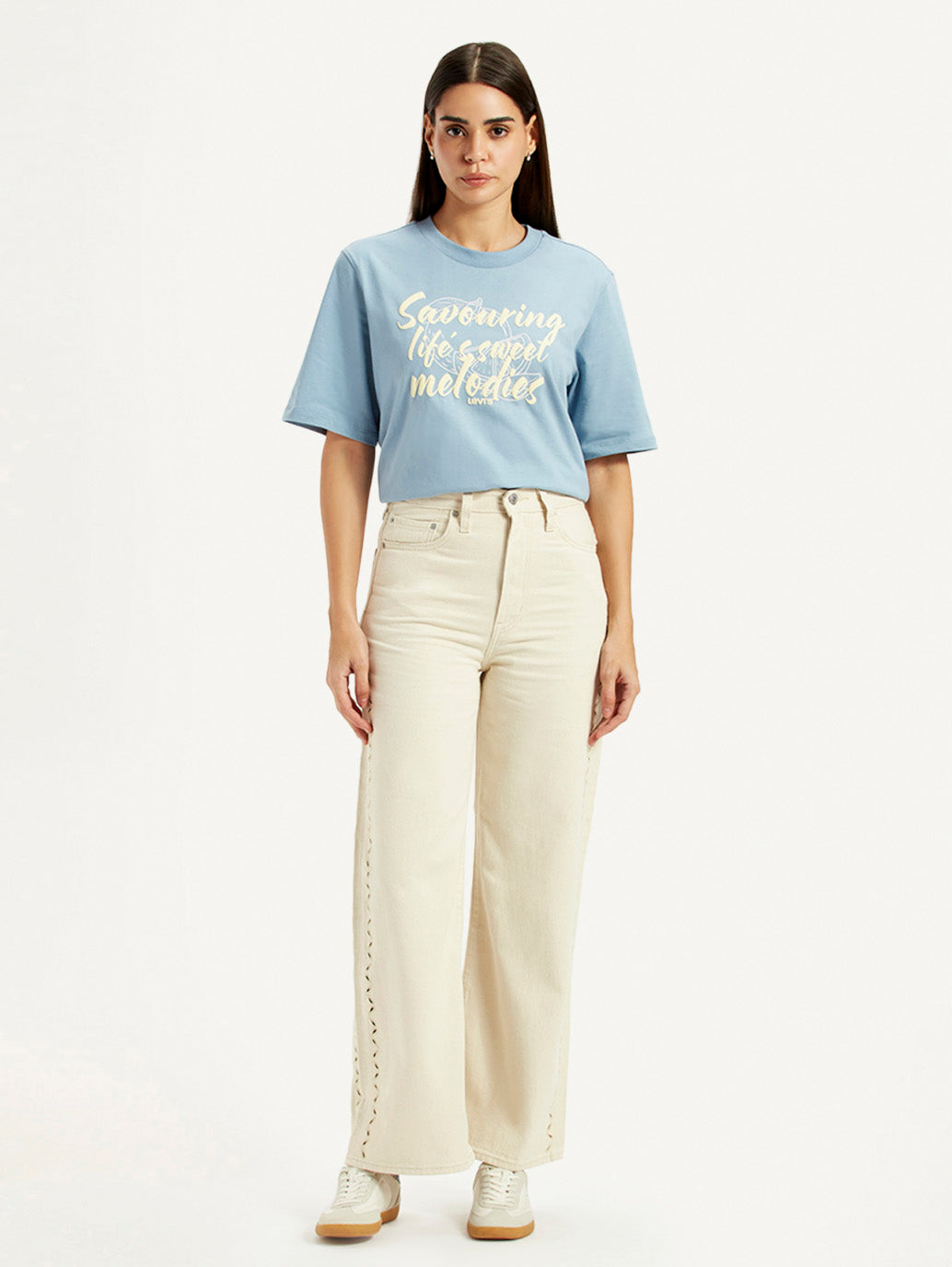 Women's Cream Ribcage Wide Leg Fit High Rise Jeans