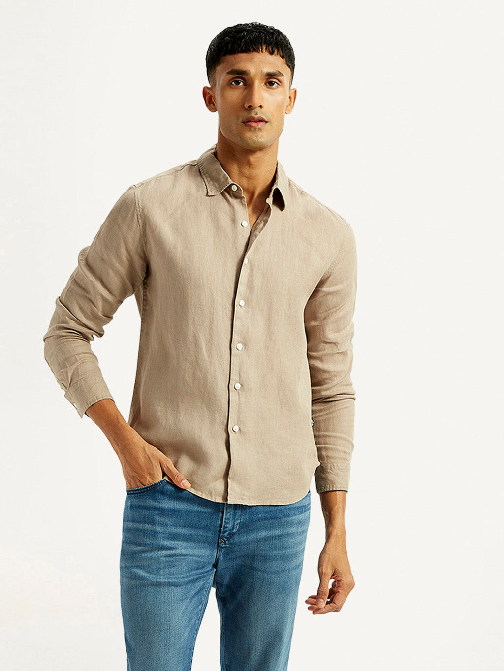 Men's Redloop Solid Beige Slim Fit Linen Shirt