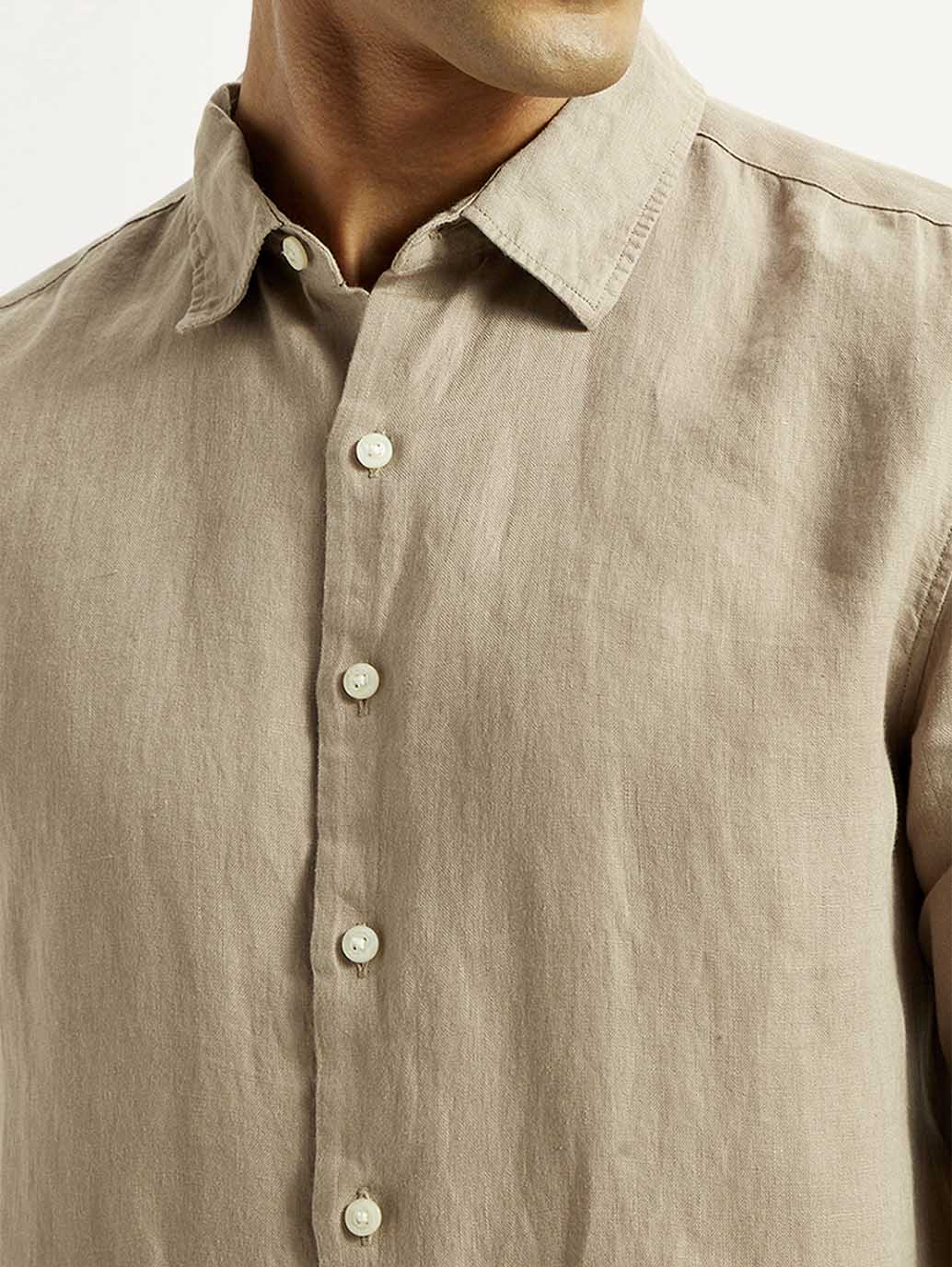 Men's Redloop Solid Beige Slim Fit Linen Shirt