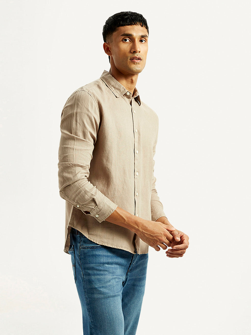 Men's Redloop Solid Beige Slim Fit Linen Shirt
