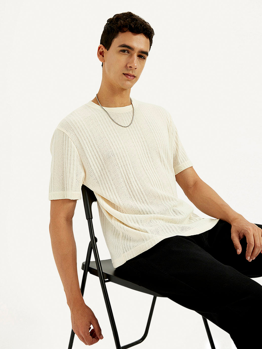 Men's Self Design Cream Crew Neck T-shirt