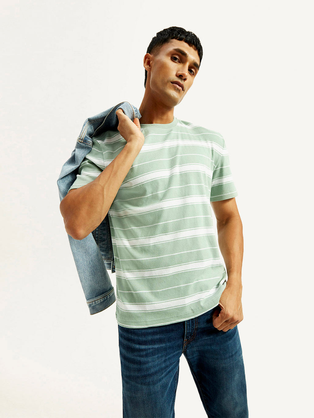 Men's Striped Light Green Crew Neck T-shirt