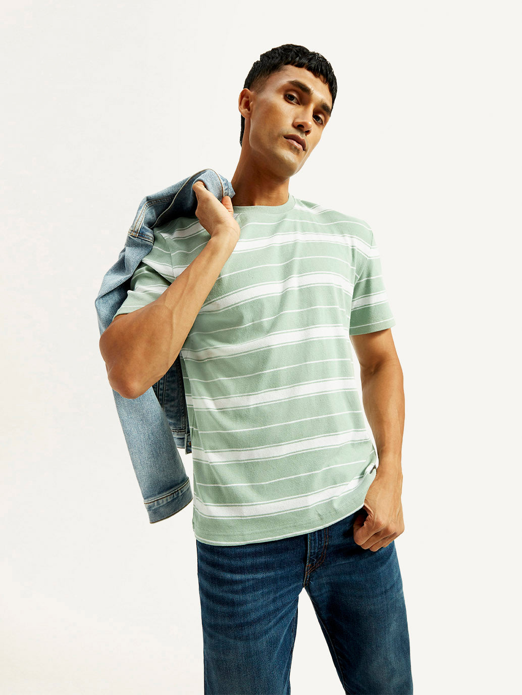 Men's Striped Light Green Crew Neck T-shirt