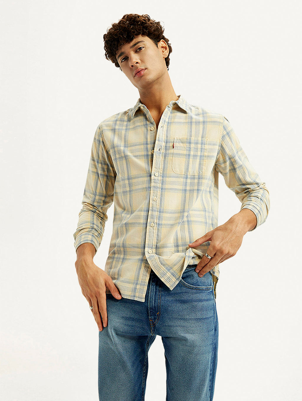 Men's Checkered Light Yellow Slim Fit Corduroy Shirt