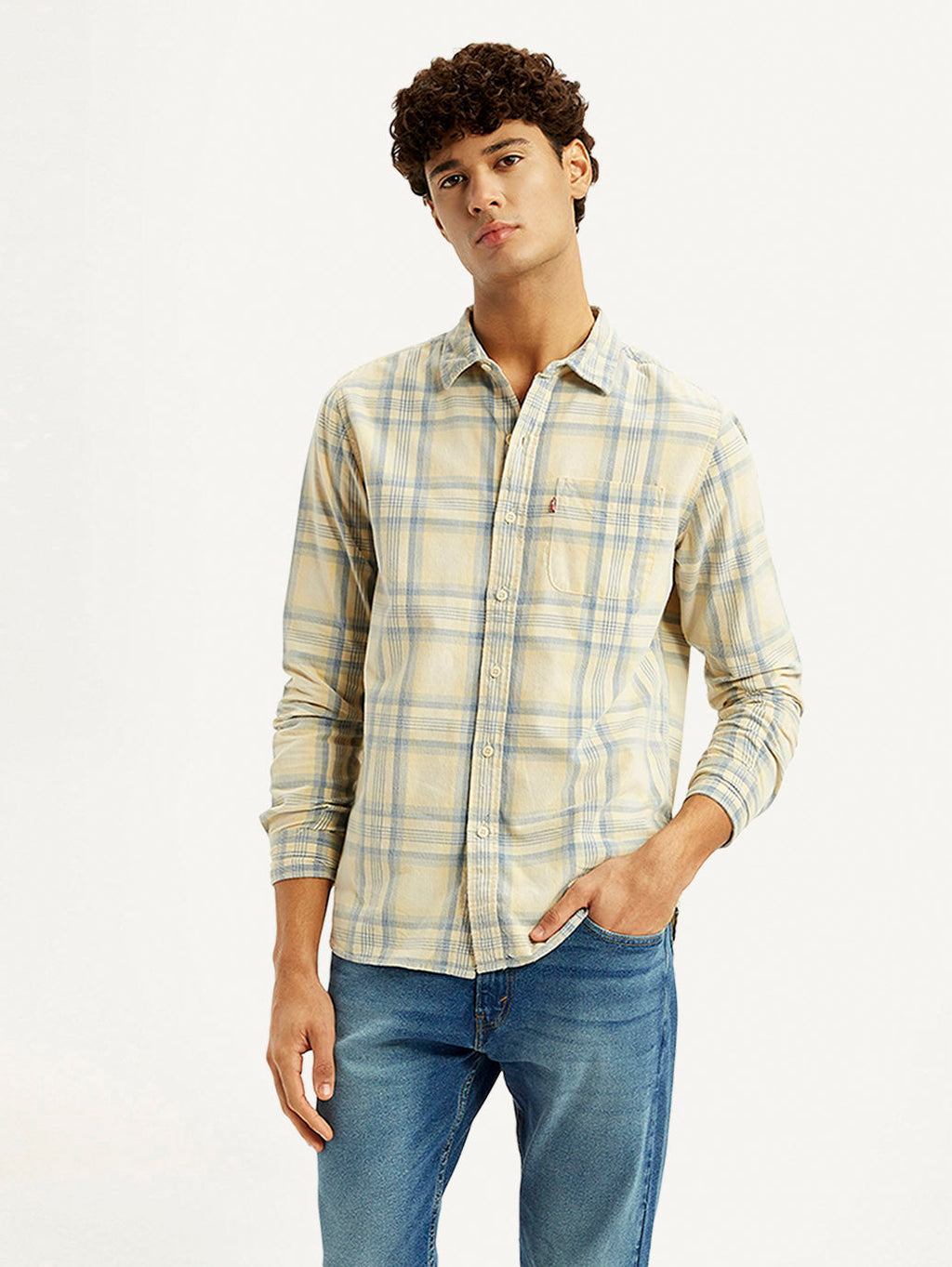 Men's Checkered Light Yellow Slim Fit Corduroy Shirt