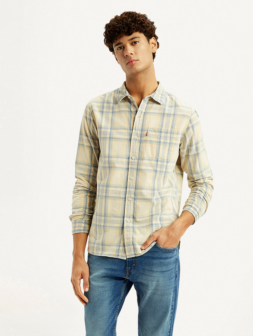 Men's Checkered Light Yellow Slim Fit Corduroy Shirt
