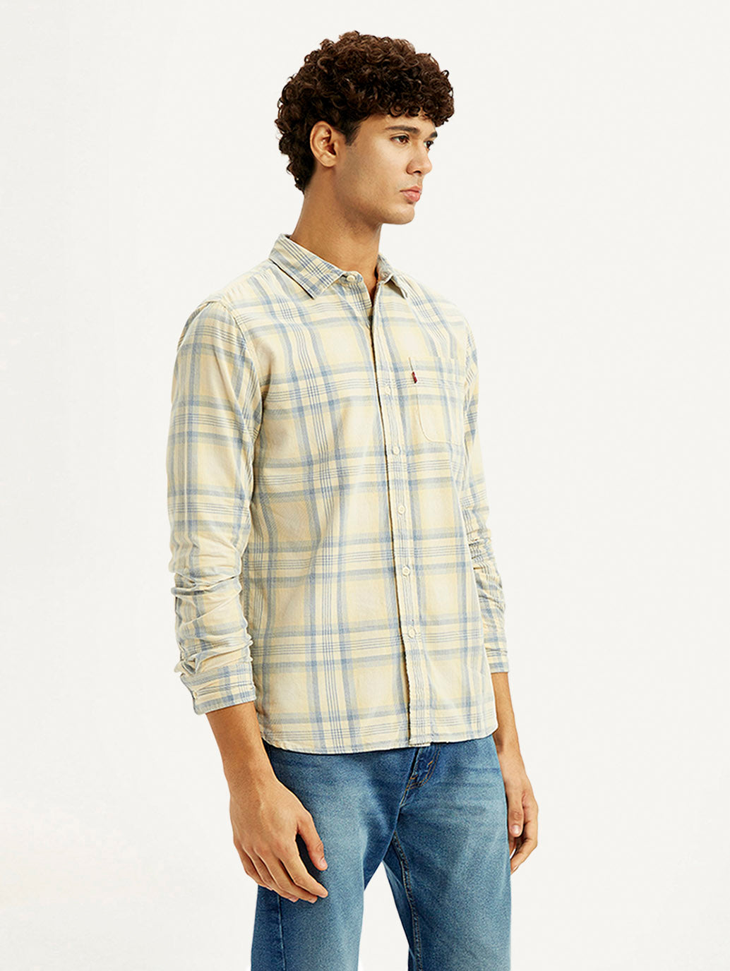 Men's Checkered Light Yellow Slim Fit Corduroy Shirt