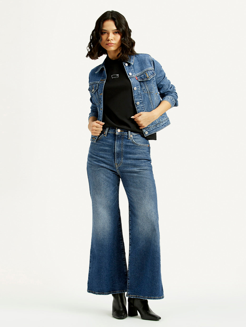 Women's Blue Ribcage Bell Bottom Wide Leg Fit Mid Rise Jeans