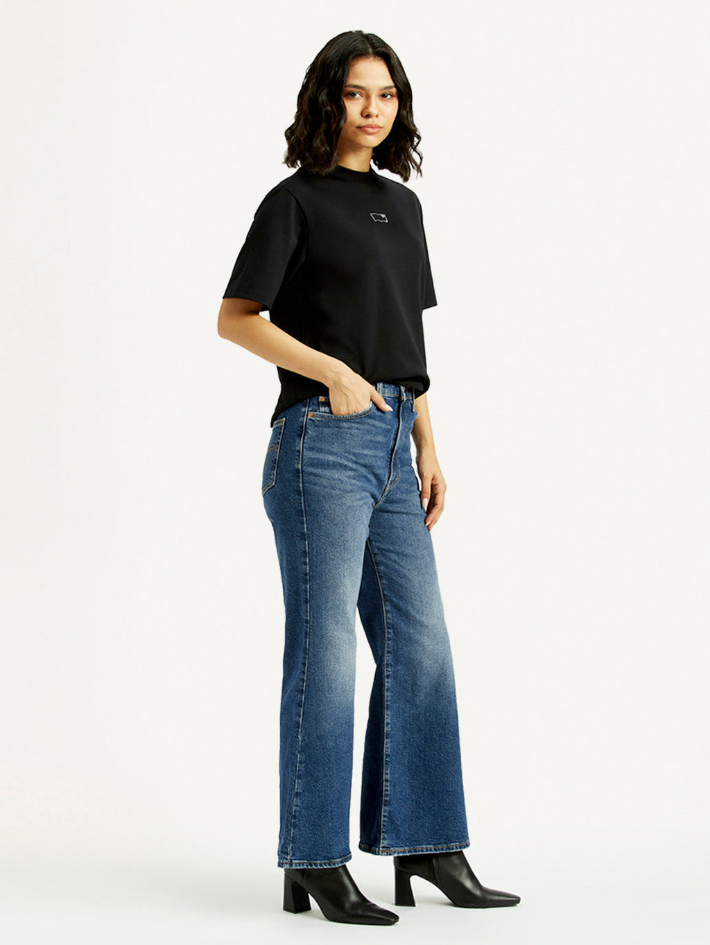 Women's Blue Ribcage Bell Bottom Wide Leg Fit Mid Rise Jeans