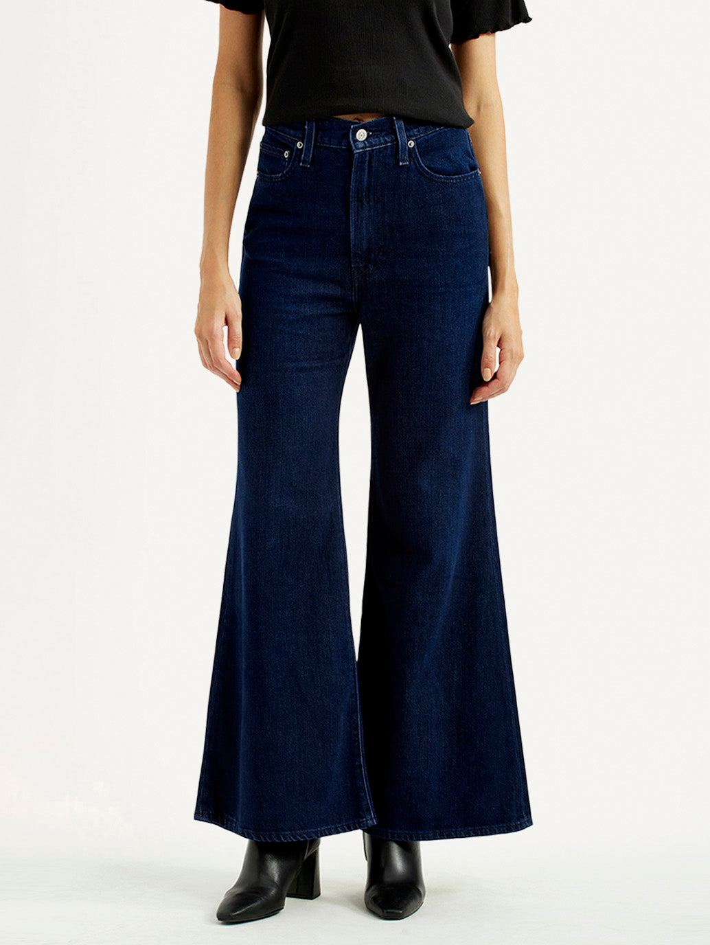 Women's Navy Ribcage Wide Leg Fit Bell Bottom High Rise Jeans