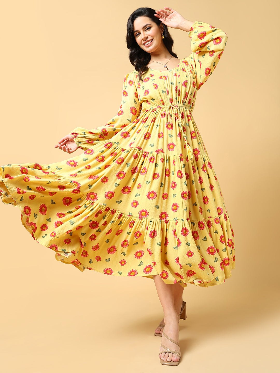 Women's Yellow Floral Print Puff Sleeve Crepe Fit & Flare Midi Dress