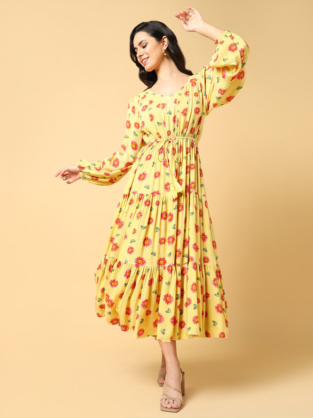 Women's Yellow Floral Print Puff Sleeve Crepe Fit & Flare Midi Dress