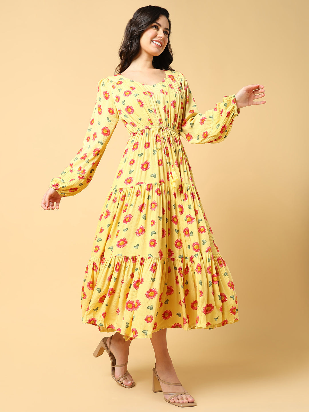Women's Yellow Floral Print Puff Sleeve Crepe Fit & Flare Midi Dress