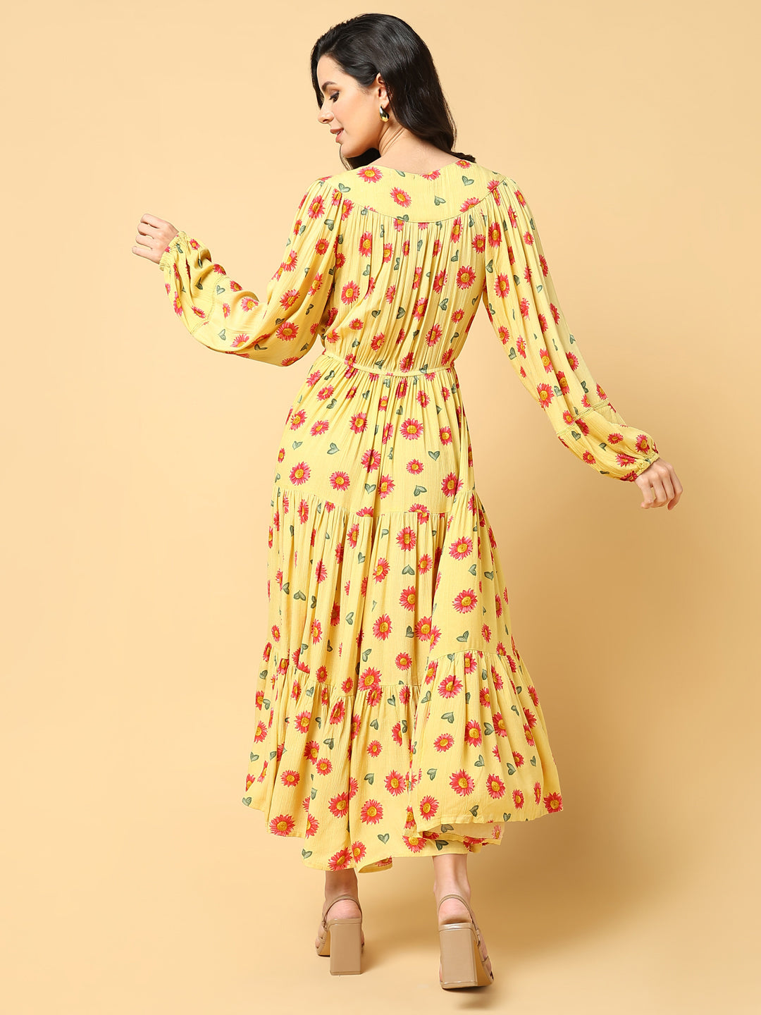 Women's Yellow Floral Print Puff Sleeve Crepe Fit & Flare Midi Dress
